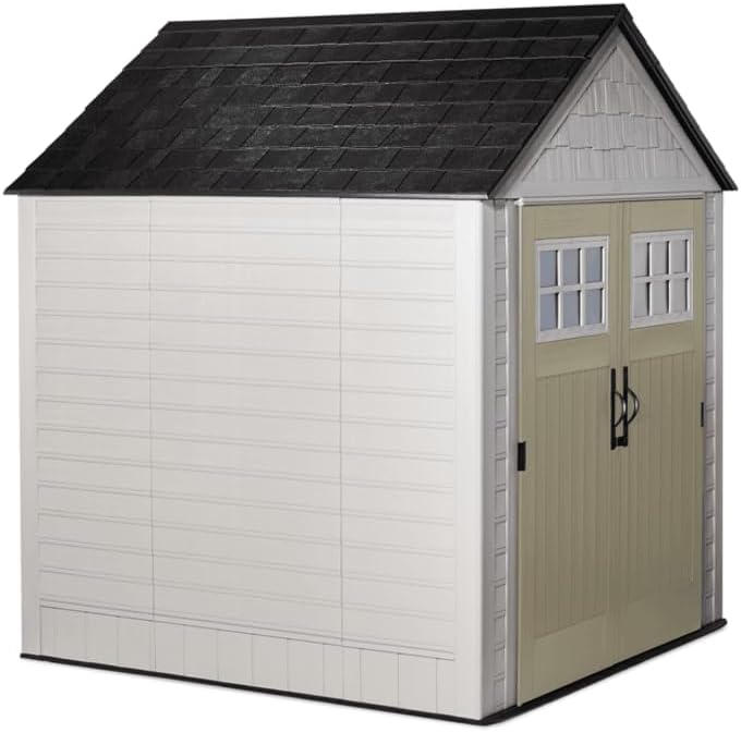 Rubbermaid 7 Foot by 7 Foot Weatherproof Outdoor Storage Shed for Garden Tools and Lawn Machinery Organization with Lockable Double Door Sandstone