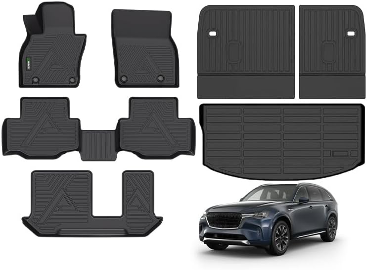 ANBINGO® Floor Mats & SeatBack Cargo Liner | CX90 2024-2025 8 Passenger | 2nd Row with Bench Seat | (60/40 Velcro Tape Fixed Backmats) TPE 3 Rows Waterproof Car Mat
