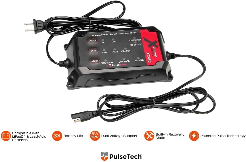 PulseTech XC450 Xtreme Charge 4 AMP Smart Battery Charger Maintainer, Trickle Charger | Test, Charge, Condition & Maintain All 6V/12V Batteries: Lead Acid, LiFeP04, Lithium, VRLA, AGM, Gel & Flooded