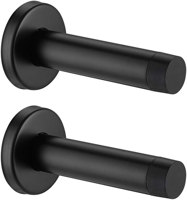 JQK Door Stopper Black, 304 Stainless Steel Thicken 1mm Sound Dampening Door Stop Bumper Wall Protetor 2 Pack, Matte Black, DSB5-PB-P2
