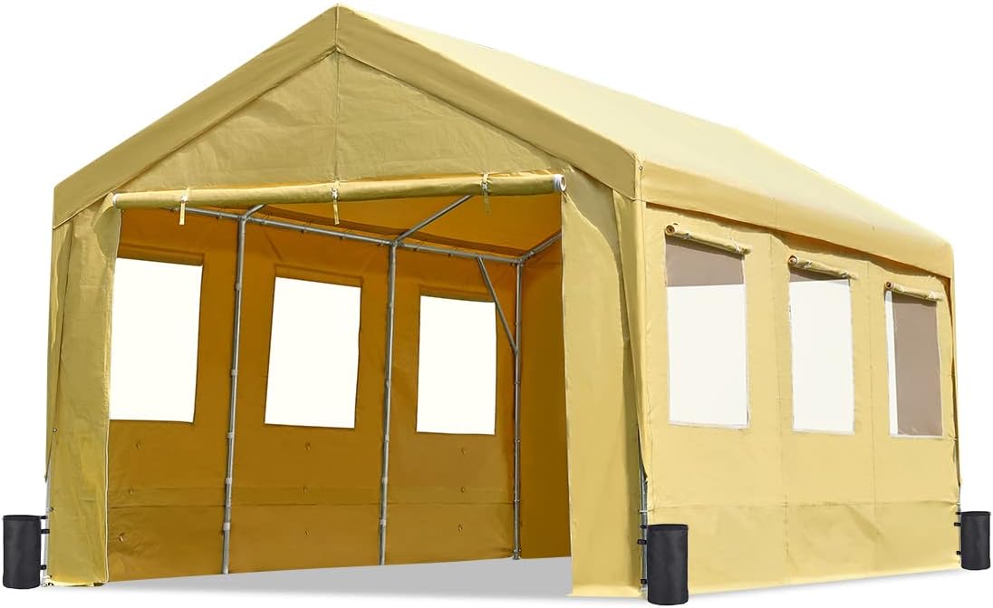 ADVANCE OUTDOOR 12x20 ft Car Canopy Garage Heavy Duty Carport Boat Shelter Party Tent, Adjustable Peak Height from 9.5ft to 11ft, with Removable Window Sidewalls and Doors, Beige