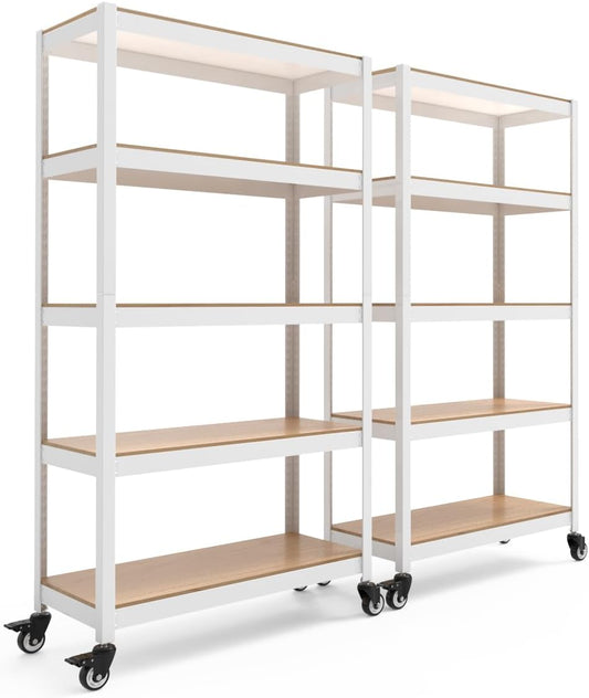 HOMEDANT House White 5-Tier Metal Rolling Cart Shelf Rack Casters Heavy Duty Wheel Shelving Unit Adjustable Utility Storage Shelves Organizer Shelf Kitchen Garage 36.2" W x 16.5" D x 69.5" H 2Pack