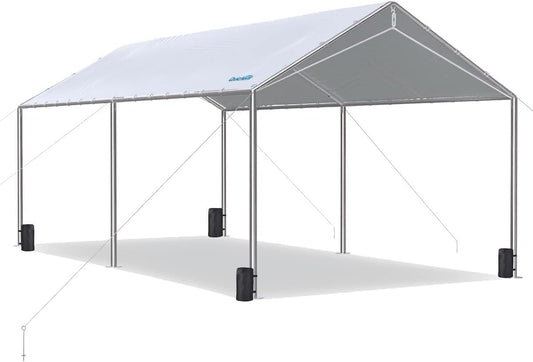 Quictent 10x20 ft Heavy Duty Car Canopy Galvanized Frame Carport Outdoor Party Tent Boat Shelter with 3 Reinforced Steel Cables - Grey