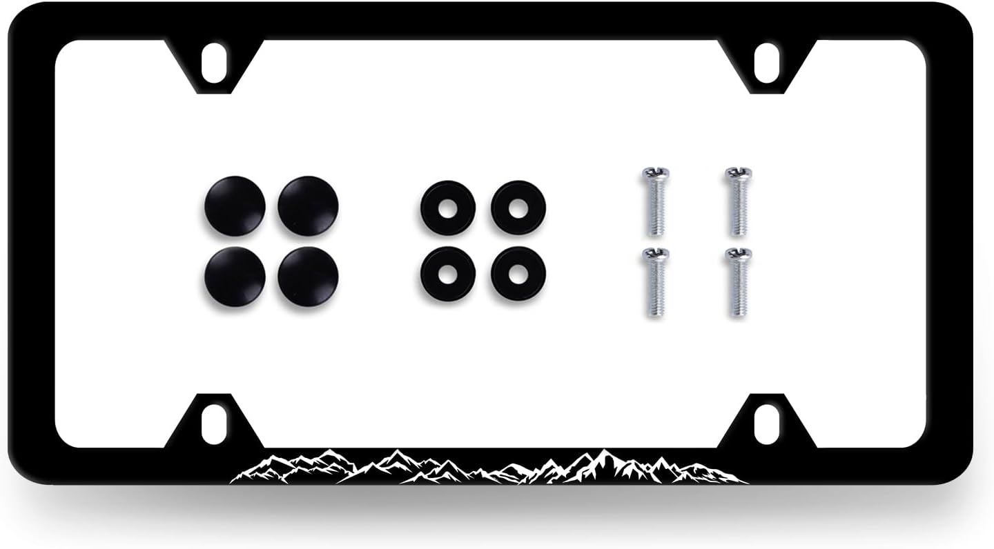 Mountain License Plate Frame Mountain License Plate Holder Stainless Steel Black Funny License Plate for USA Canada 6.3" X 12.3" with 4 Holes and Screws