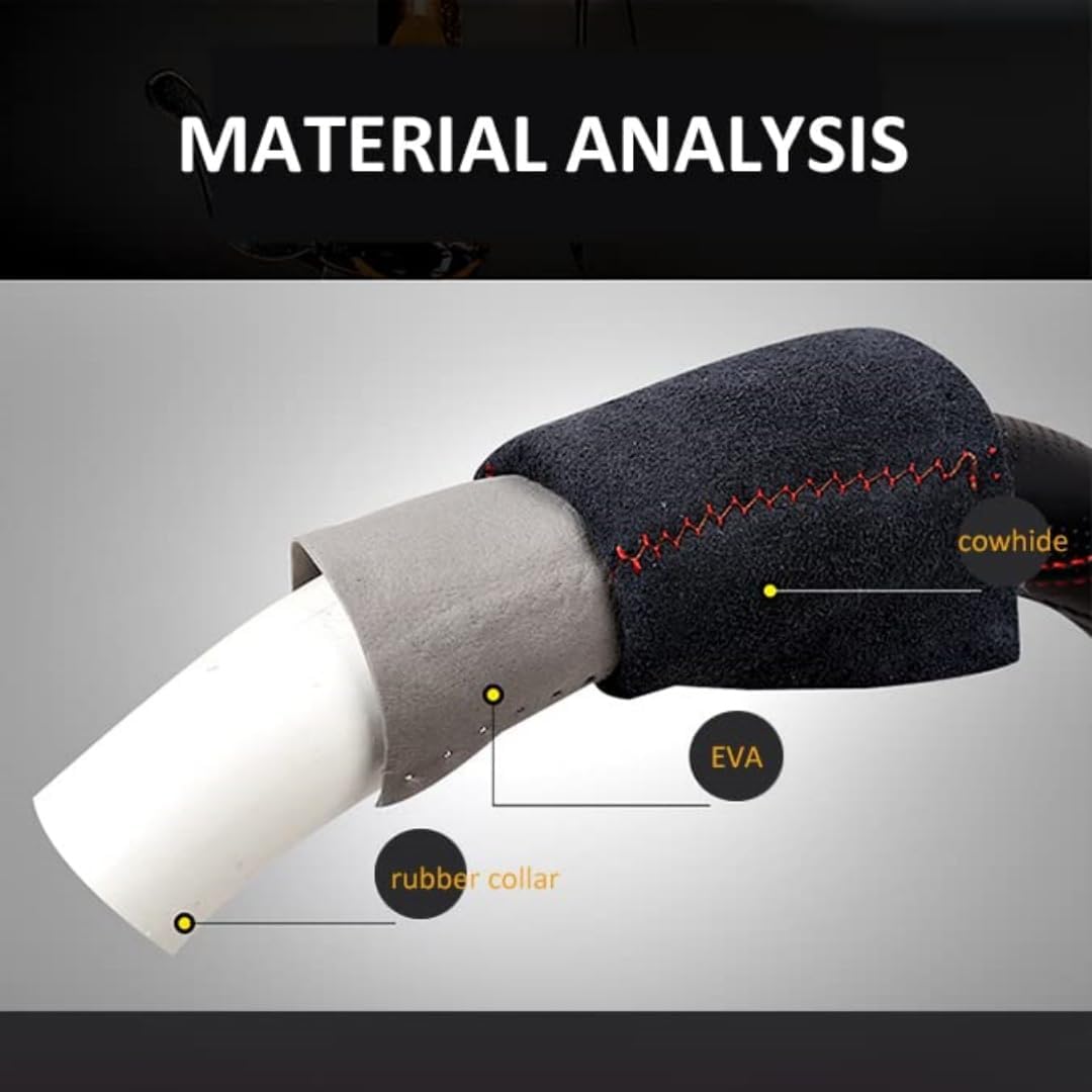 Cowhide Steering Wheel Cover Heat Resistant Anti-Slip Car Wheel Wrap Compatible with Most Makes and Models of Cars and Trucks with 14.5 to 15 Inch Steering Wheel(BlackRed)