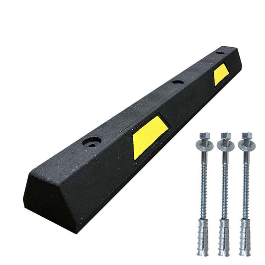 Plasticade 4' Rubber Car Parking Stop with Concrete Hardware, Maintenance Free, Embedded Yellow Reflective Stripes for Added Visibility and Pre-Drilled Holes for Easy Installation, Made in The USA