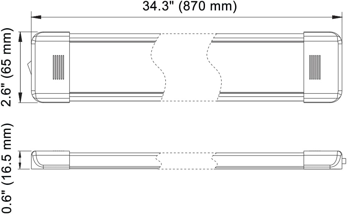 LED Interior Utility Light Fixture 34.2" x 2.6", High Lumen-Output Low Current Draw Energy Efficient, Frosted Lens 6000K Cool-White Even Diffused Beam, On/Off Rocker Switch 12V-24V DC, 1-Pack