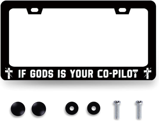 If Gods is Your Co-Pilot License Plate Frame Funny Jesus License Plate Stainless Steel Christian Car Accessory Religion License Plate Decoration Men Women Size 12.2" x6.2" with Screws