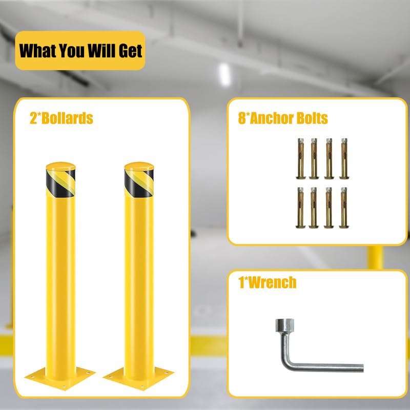 Bollard Post(42''*4.5''), Steel Bollards, Safety Bollard Yellow Powder Coated Parking Bollard Driveaway Barrier for Traffic-Sensitive Area, Garage or Parking Lot(42''-2pcs)