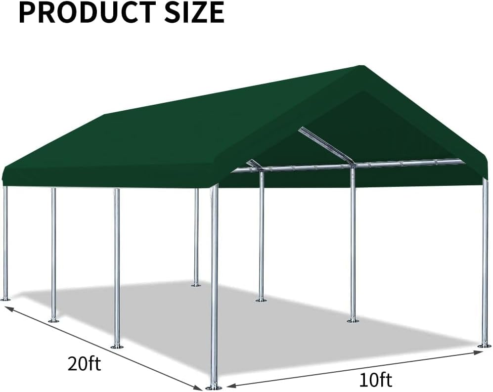 10'x20' Upgraded Carport Replacement Top Canopy Cover for Car Garage Shelter Tent Party Tent with Ball Bungees Green (Only Top Cover, Frame is not Included)