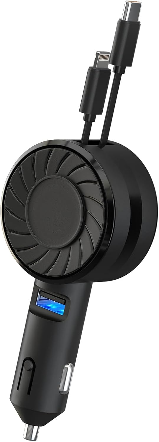 Retractable Car Charger (2Pack), 3 in 1 Fast Charging Phone Charge 50W, Mini Car Adapter with 2 Cables+1 Port Cigarette Lighter USB C Charger for Apple iPhone 15 Pro/Samsung/Android/Pixle