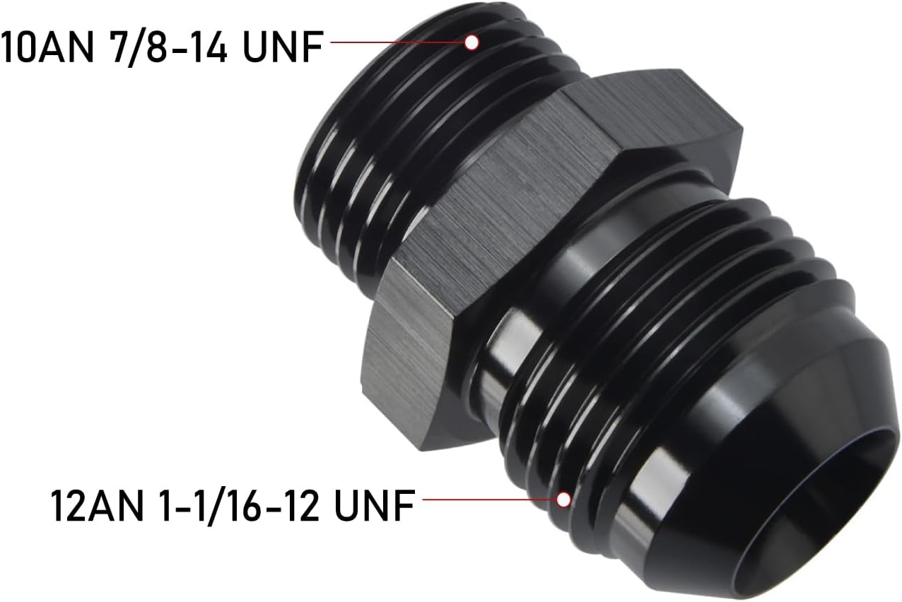 12AN Male Flare to 10AN ORB O-ring Boss Fuel Pump Rail Adapter Fitting Aluminum Black
