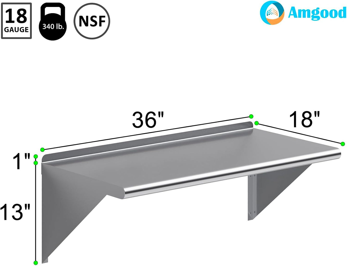 AmGood 36" Long X 18" Deep Stainless Steel Wall Shelf | NSF Certified | Appliance & Equipment Metal Shelving | Kitchen, Restaurant, Garage, Laundry, Utility Room