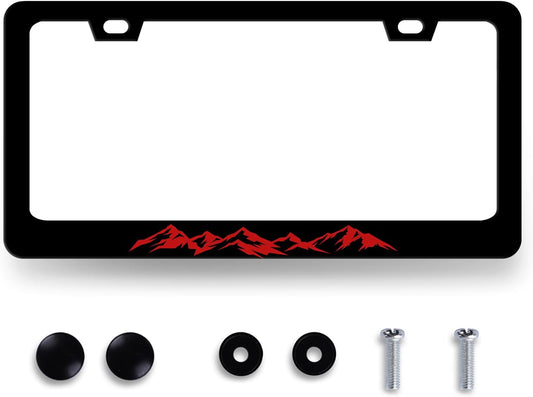 Mountain License Plate Frame Colorful Mountains License Plate Stainless Steel Funny Black Accessories Cars Decor 12.2 X 6.2 Inch with 2 Holes and Screws Fits Standard Us Ca Vehicles