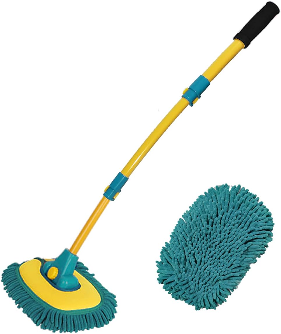 Car Wash Brush with Long Handle,Car Wash Mop Mitt with 1 Replacement Head , Extension Pole Car Brush Cleaning Kit for Cars Trucks