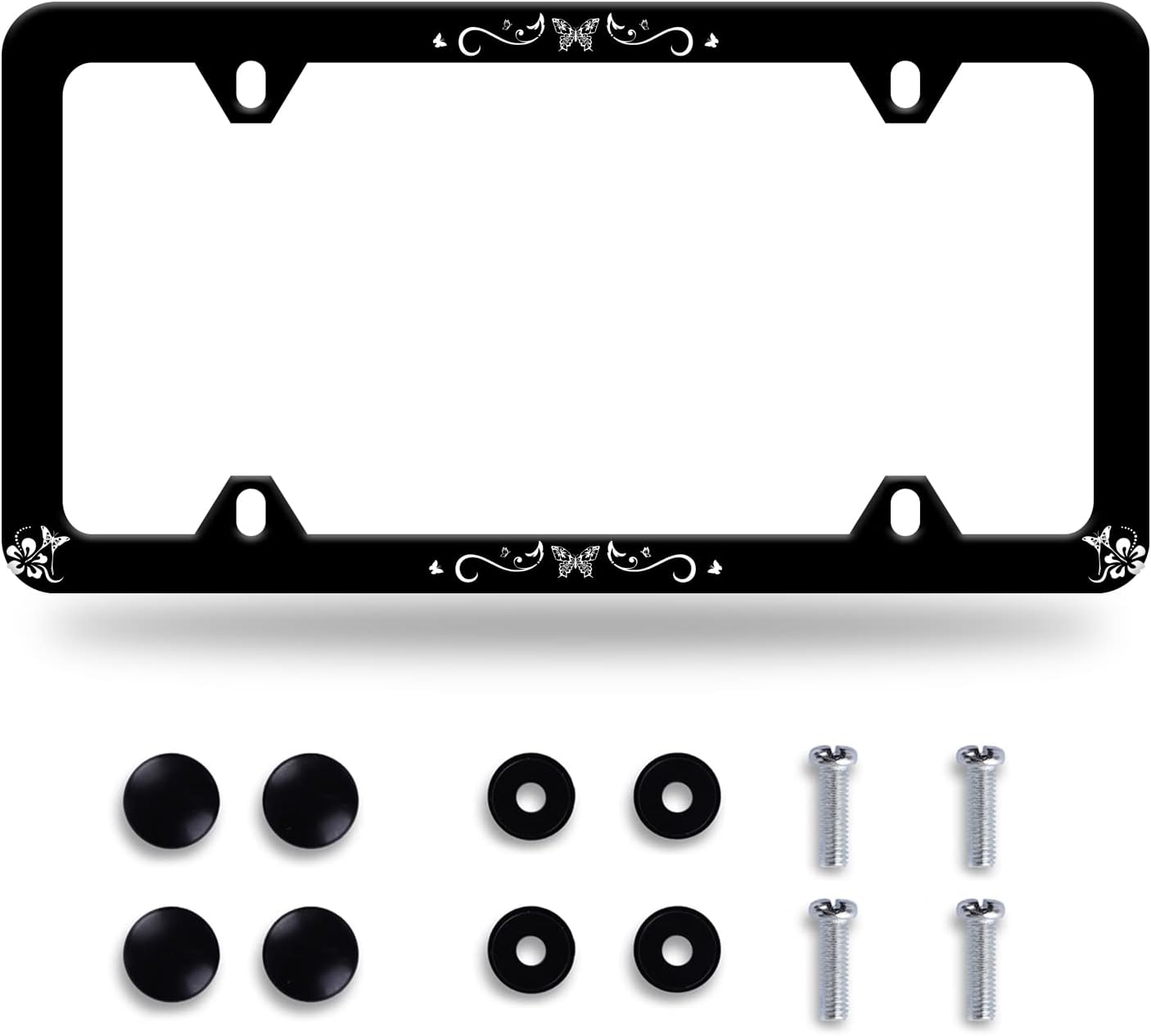 Butterfly Hibiscus License Plate Frame License Plate Stainless Steel Parts Colorful License Plate Funny Decorative with Screws Size 12.3" x 6.3" Men Women