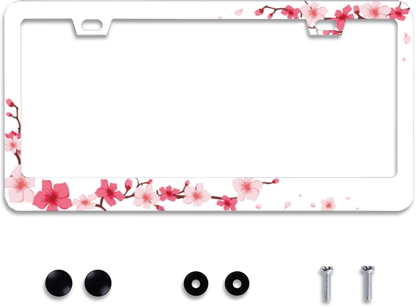 Personalise Beautiful Cherry Blossom License Plate Frame Floral Flowers License Plate Car Universal Stainless Steel Accessories Cars Decor 2 Holes Screws Fits Standard US Vehicles Size 12.2 x 6 Inch