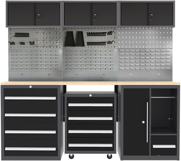 JZD Garage Storage Workbench Cabinet Set System, Heavy Duty, Tool Cabinets with Drawers & Rolling Chest, Wall Mounting Not Necessary