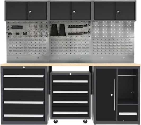 JZD Garage Storage Workbench Cabinet Set System, Heavy Duty, Tool Cabinets with Drawers & Rolling Chest, Wall Mounting Not Necessary