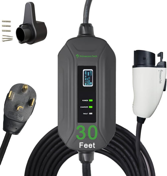 PRIMECOM Level 2 EV Charger 220/240V, 16A, 30ft & 50ft, Portable EVSE Electric Vehicle Charging Cable Compatible with Bolt Volt Leaf BMW i3 Fiat 500e Clarity NIRO Prius (30 Feet, 14-30P)