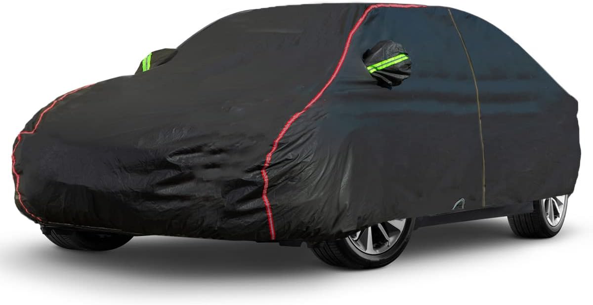 AUQDD 6-Layers PEVA New Material Sedan SUV Full Padded Car Cover Waterproof All Weather Weatherproof UV Sun Protection Snow Dust Storm Resistant Outdoor Exterior Custom Form-Fit Straps 188"-198"Black