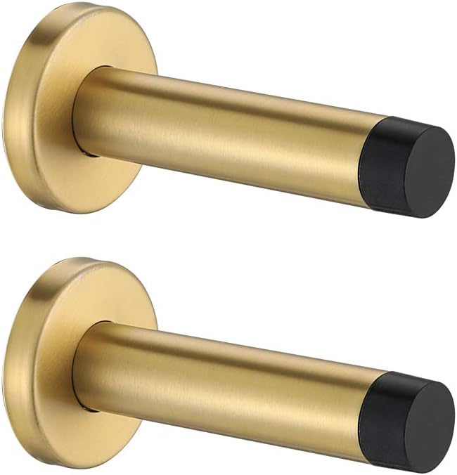 JQK Door Stopper Gold, 304 Stainless Steel Thicken 1mm Sound Dampening Door Stop Bumper Wall Protetor 2 Pack, Brushed Gold, DSB5-BG-P2