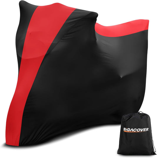 Indoor Motorcycle Cover, Soft Stretch Elastic Dustproof Protection Windproof Cover for Bike, Black and Red Stitching Motorcycle Cover for 104 x 41 x 49 in