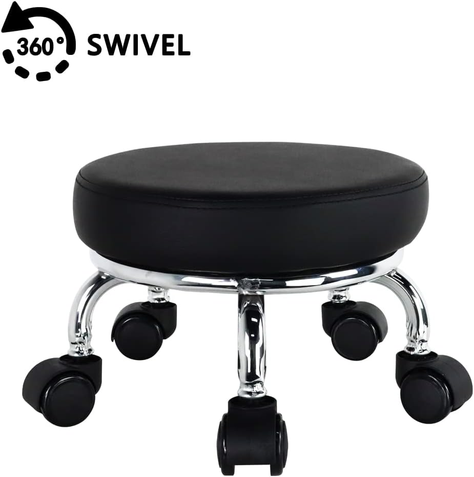 Modern Roller Seat PU Leather Low Round Rolling Stool 360 Swivel Small Stool with Universal Caster Wheels for Home Office, Garage, Shop, Fitness, Sport (H: 8.6", Black)