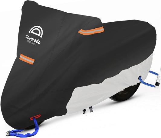 Motorcycle Cover, Coverado Motorcycle Covers Waterproof Outdoor Storage with Lockholes and Night Reflector, All Weather Waterproof Sun Protection Outdoor Scooter Cover Universal Fit Up to 93" Motors