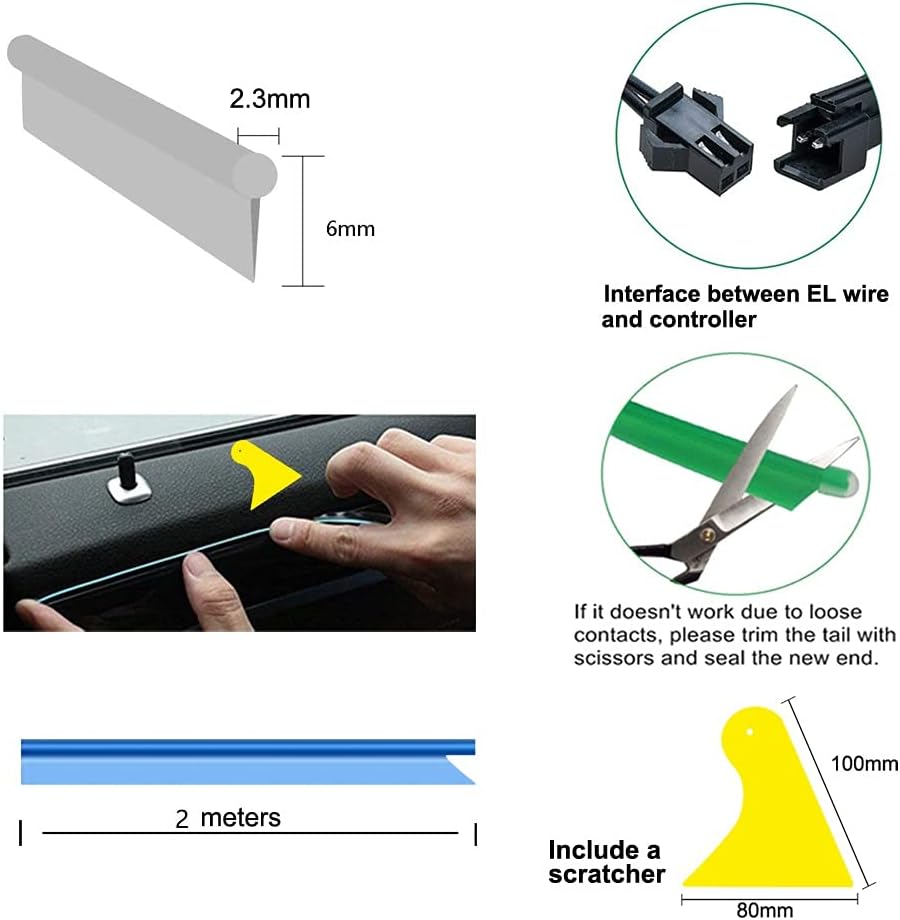 El Wire Blue Interior Car LED Strip Lights, 2M Neon Wire USB 5V with Fuse Protection for Automotive Interior Decoration, with 6mm Sewing Edge