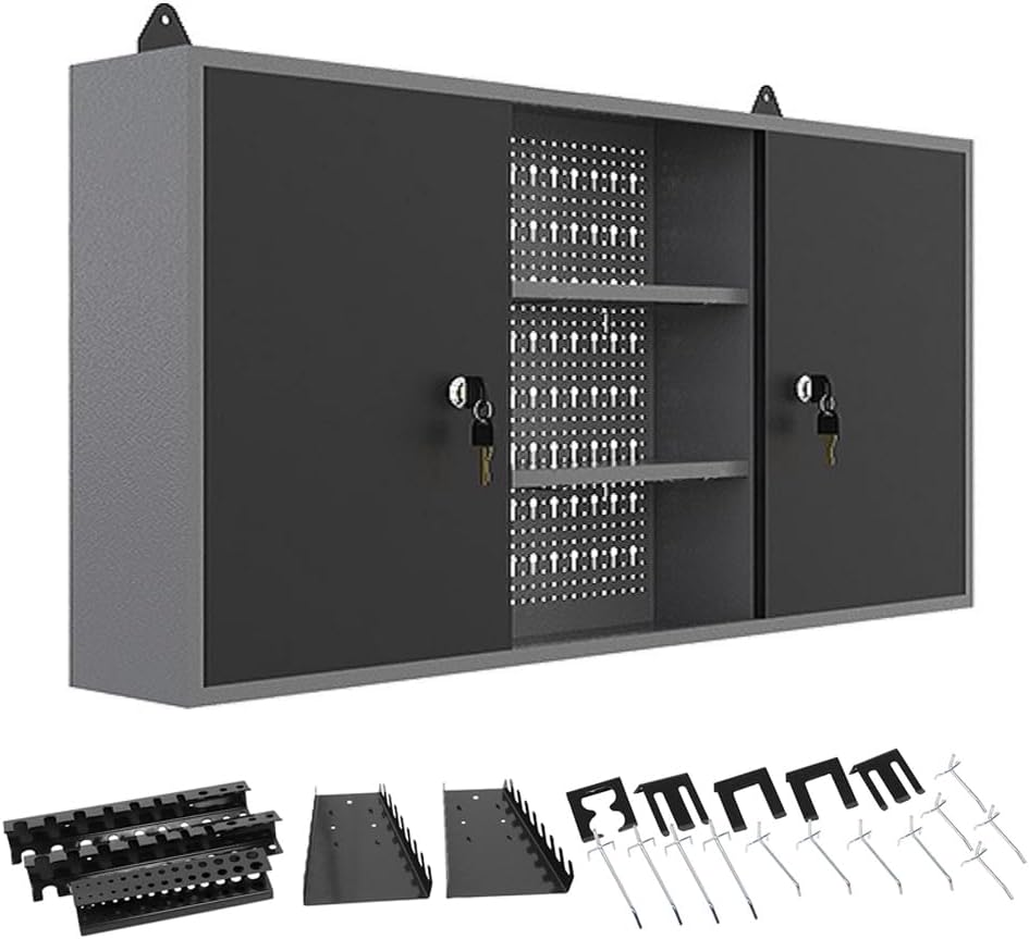 JZD Steel Wall Mount Storage Cabinet System with 22 Tool Hooks, for Garage Workshop Black & Grey