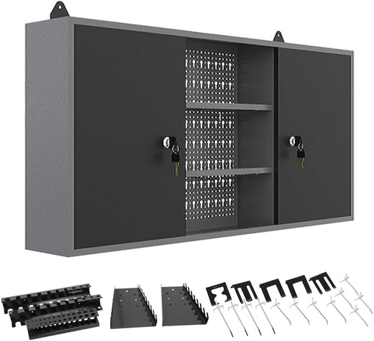 JZD Steel Wall Mount Storage Cabinet System with 22 Tool Hooks, for Garage Workshop Black & Grey