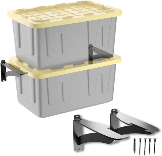 Koova Wall Mounted Tote Rack Storage System, Fits 27-Gallon Black and Yellow Commander Style Bins, Wall Mount Bracket Shelves for Garage Organization, Heavy Duty Steel, Made in USA (2-Piece Set)