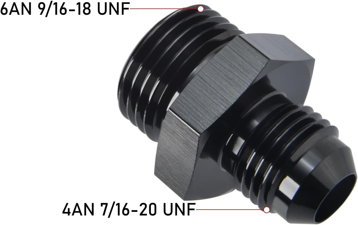 4AN Male Flare to 6AN ORB O-ring Boss Fuel Pump Rail Adapter Fitting Aluminum Black, Pack of 2