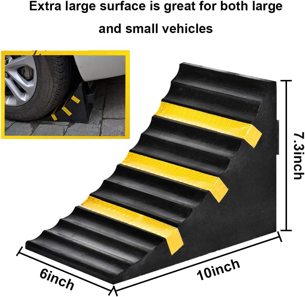 RELIANCER 2 Pack Wheel Chocks Heavy Duty Extra Large Industrial Rubber Wheel Chock Blocks w/Handle Reflective Strips for Travel Trailer Hauler Truck Fire Truck Commercial Vehicle RV 10" x 6" x 7.3"