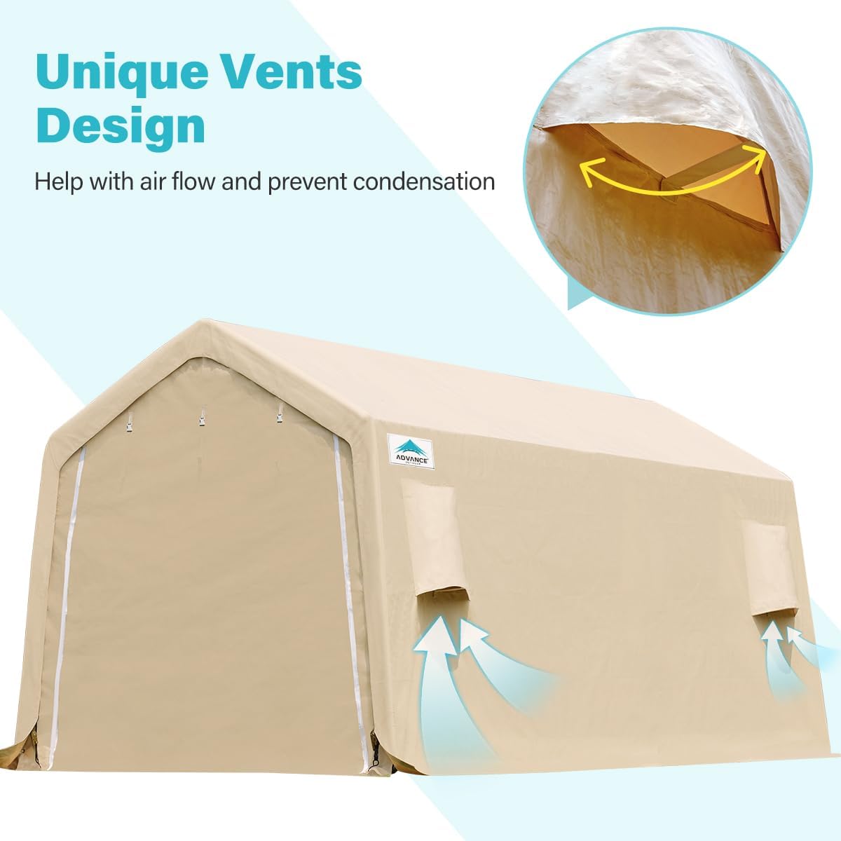 ADVANCE OUTDOOR Heavy Duty Carport 10X20 ft Outdoor Patio Portable Canopy Storage Shelter Shed with 2 Rolled up Zipper Doors & Vents for Snowmobile Garden Tools, Beige