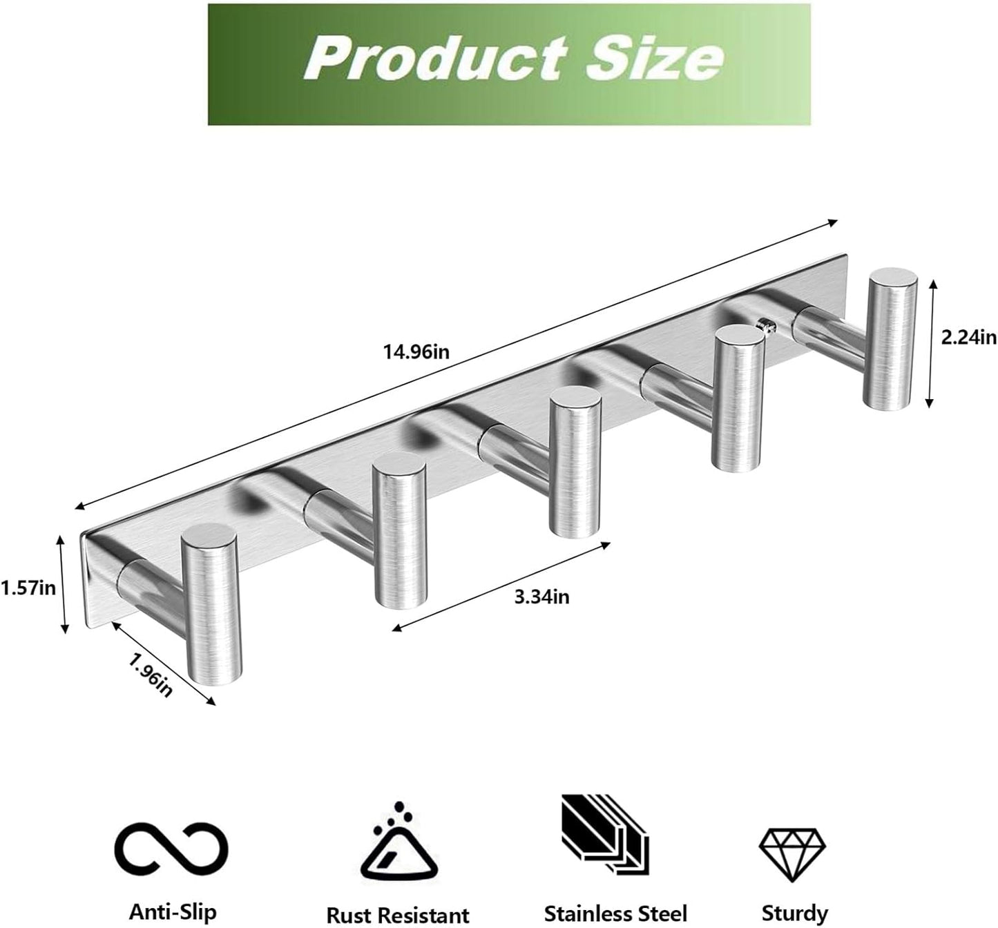 Wall Mounted Coat Rack-5 Hooks, Heavy Duty Stainless Steel Hook Rail for Towel Coat Hat Purse Bag Jacket, Towel Hooks for Entryway Bathroom Kitchen (Silvery 5 Hooks - 1 Pack)