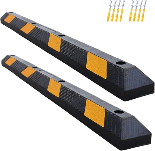 Heavy-Duty Parking Curb Wheel Stop - Driveway Vehicle Stopper for Cars, Trucks & RVs - Durable Rubber Car Barrier with Reflective Strip - Garage & Parking Lot Safety Curb Ramp (72" - 2Pack)