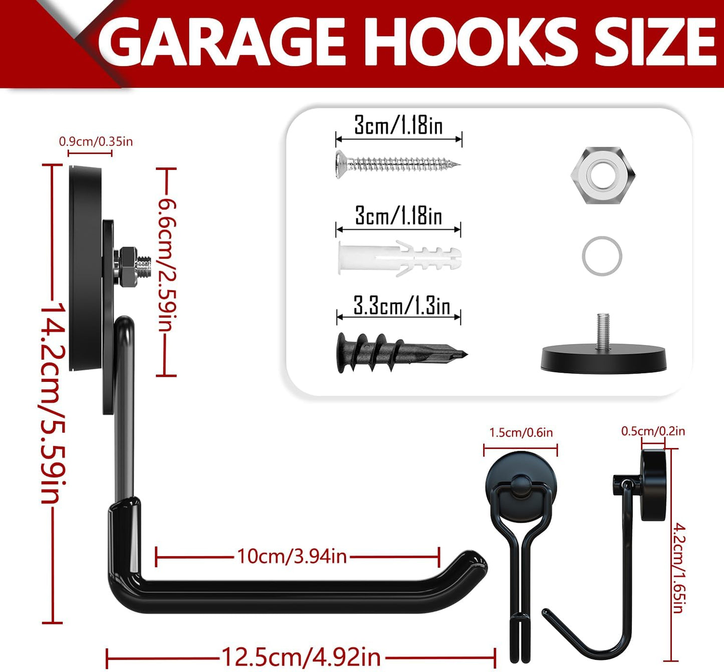 3-H Heavy Duty Magnet Garage Hooks 2 Pack, Extra Large Strong Magnetic Hooks for Hanging Cordless Power Drill, Utility Magnetic Tool Holder for Metal Cabinet, Steel Pegboard, Toolbox, Garage(Black)