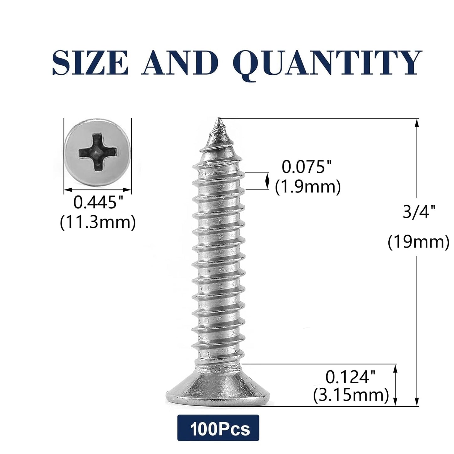 #14 x 3/4" Wood Screw 100Pcs 18-8 (304) Stainless Steel Screws Flat Head Phillips Fast Self Tapping Drywall Screws by SG TZH
