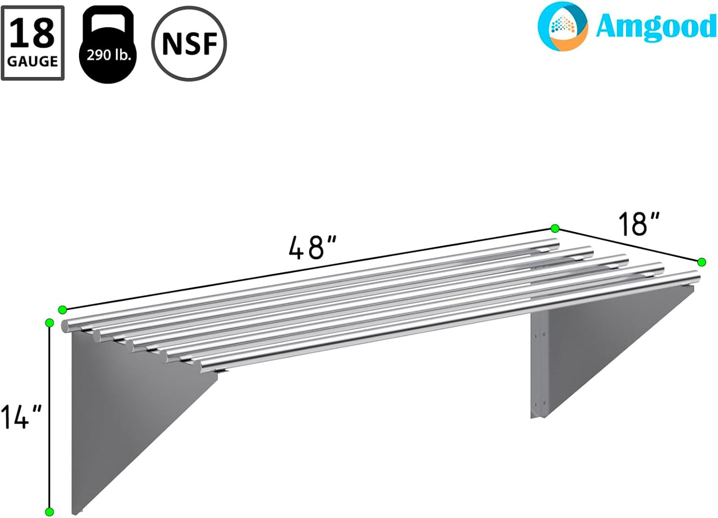 AmGood 18 in. x 48 in. NSF Stainless Steel Tubular Wall Shelf | Heavy-Duty Metal Shelving for Appliances & Equipment | Ideal for Kitchen, Restaurant, Garage, Laundry, Utility Room