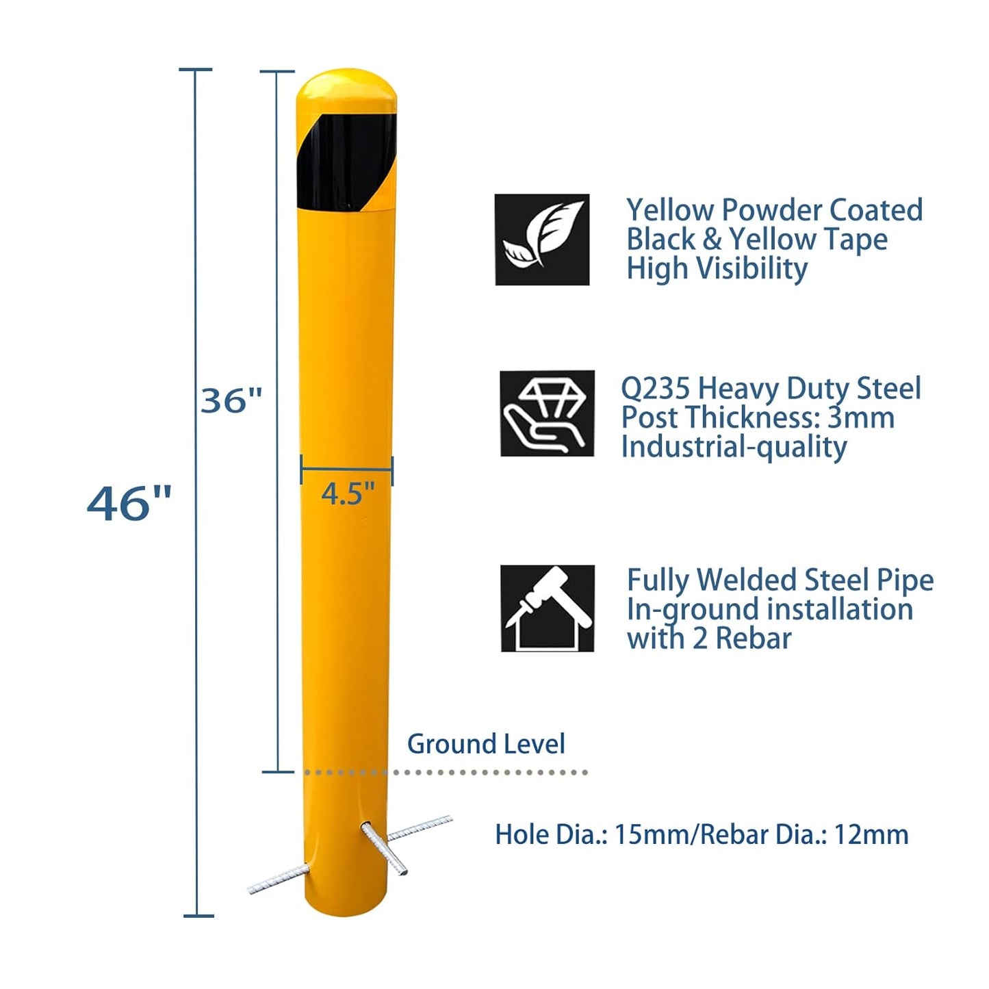 46" Pour in Place Steel Bollard Post, 4-1/2" OD Safety Bollard Yellow Powder Coat, Metal Bollard Parking, Driveway Barrier
