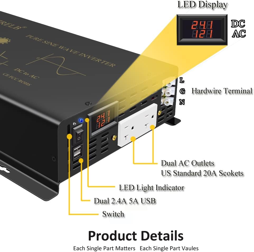WZRELB 2500W Pure Sine Wave Power Inverter 24VDC to 120VAC 60HZ Dual AC Outlets 2× 2.4A USB Port&Hardwire Terminal Off-Grid Solar Converter RV Trucks Home