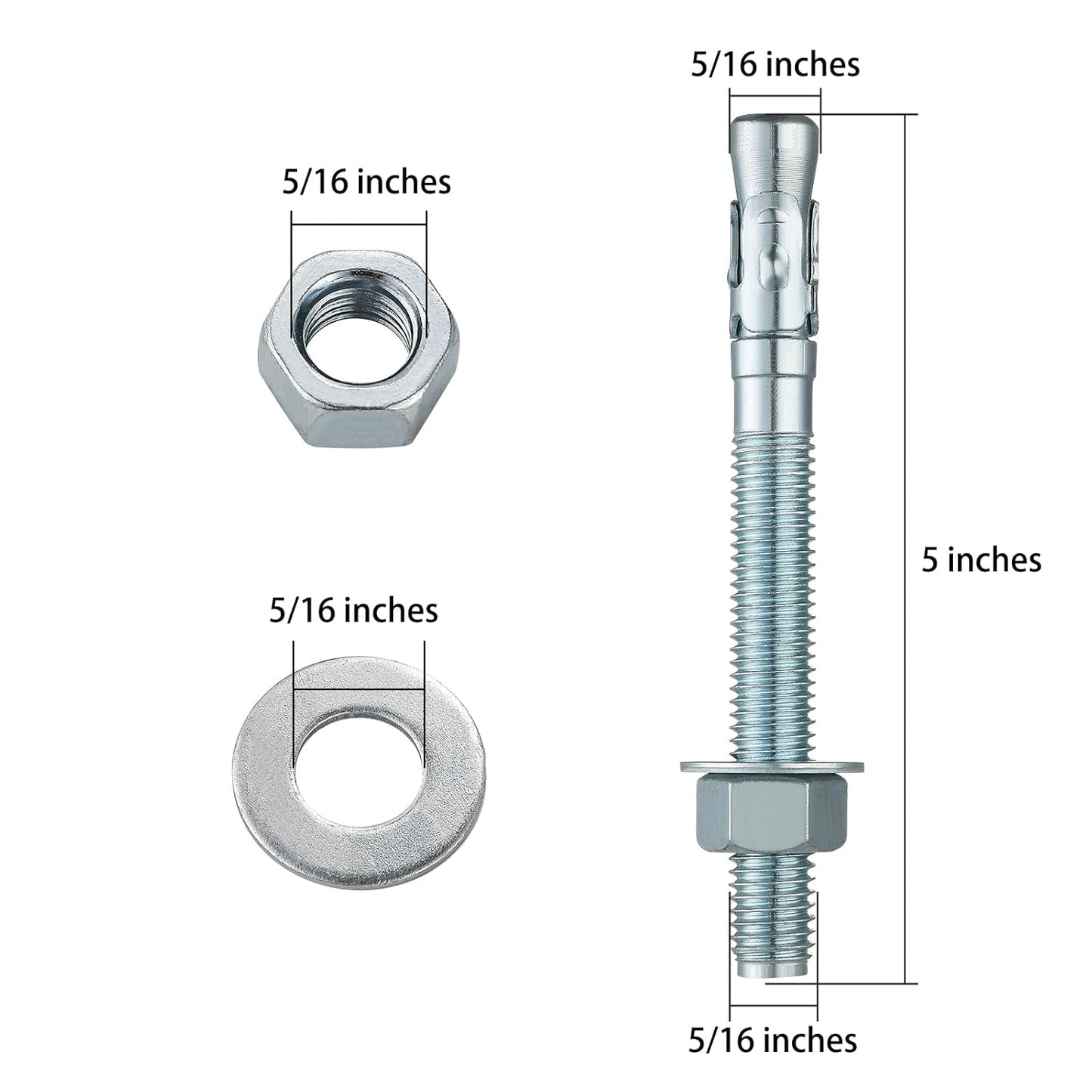 5/16x5" 10Pcs Inch Standard Fasteners for Heavy-Duty Zinc Wedge Anchors for Cement and Concrete