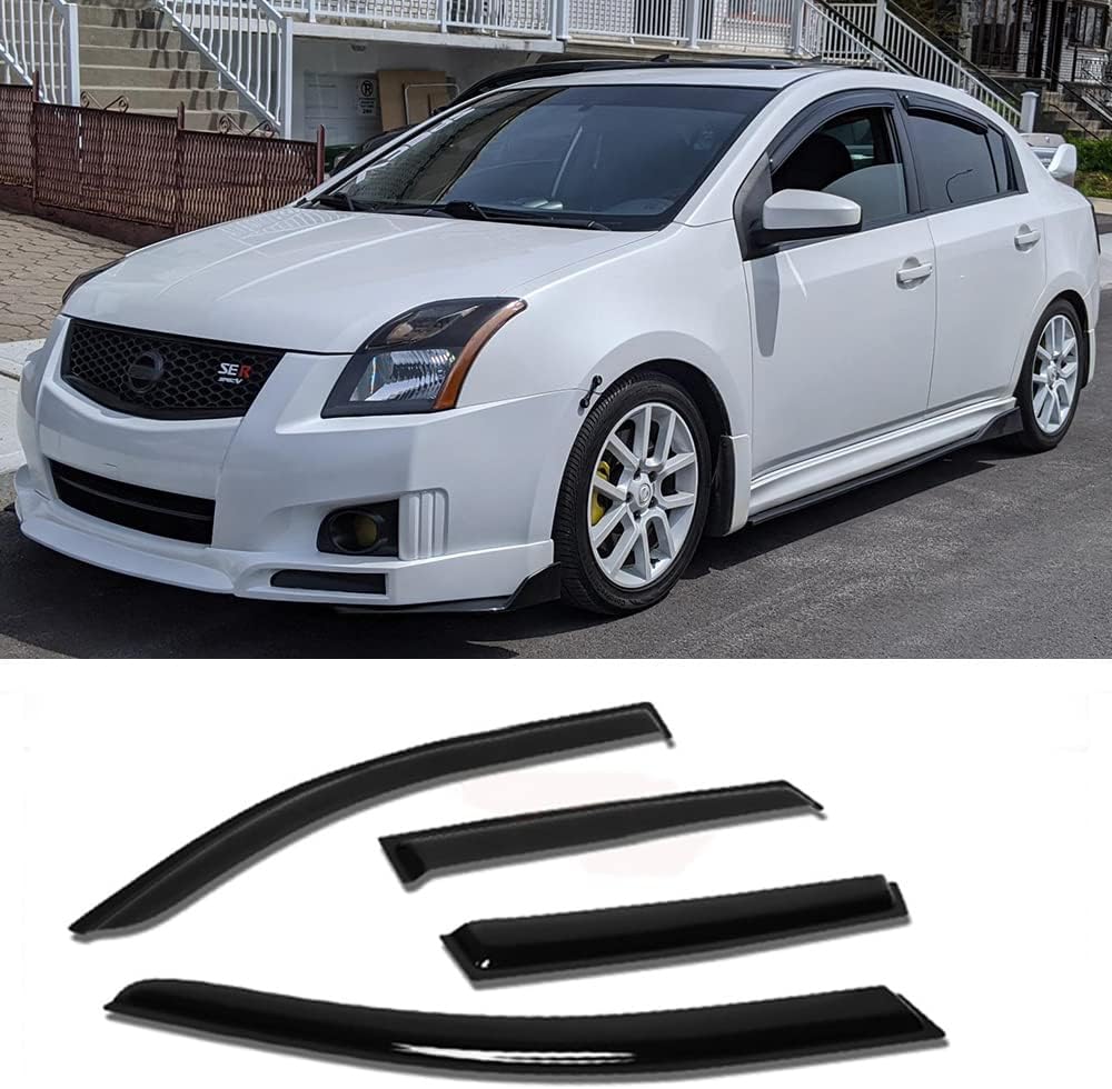 4pcs Side Window Deflector Visor Rain Guard,Outside Mount Tape-on Shatterproof Dark Smoke,4pc Window Shades fit for 2007-2012 Nissan Sentra 94165