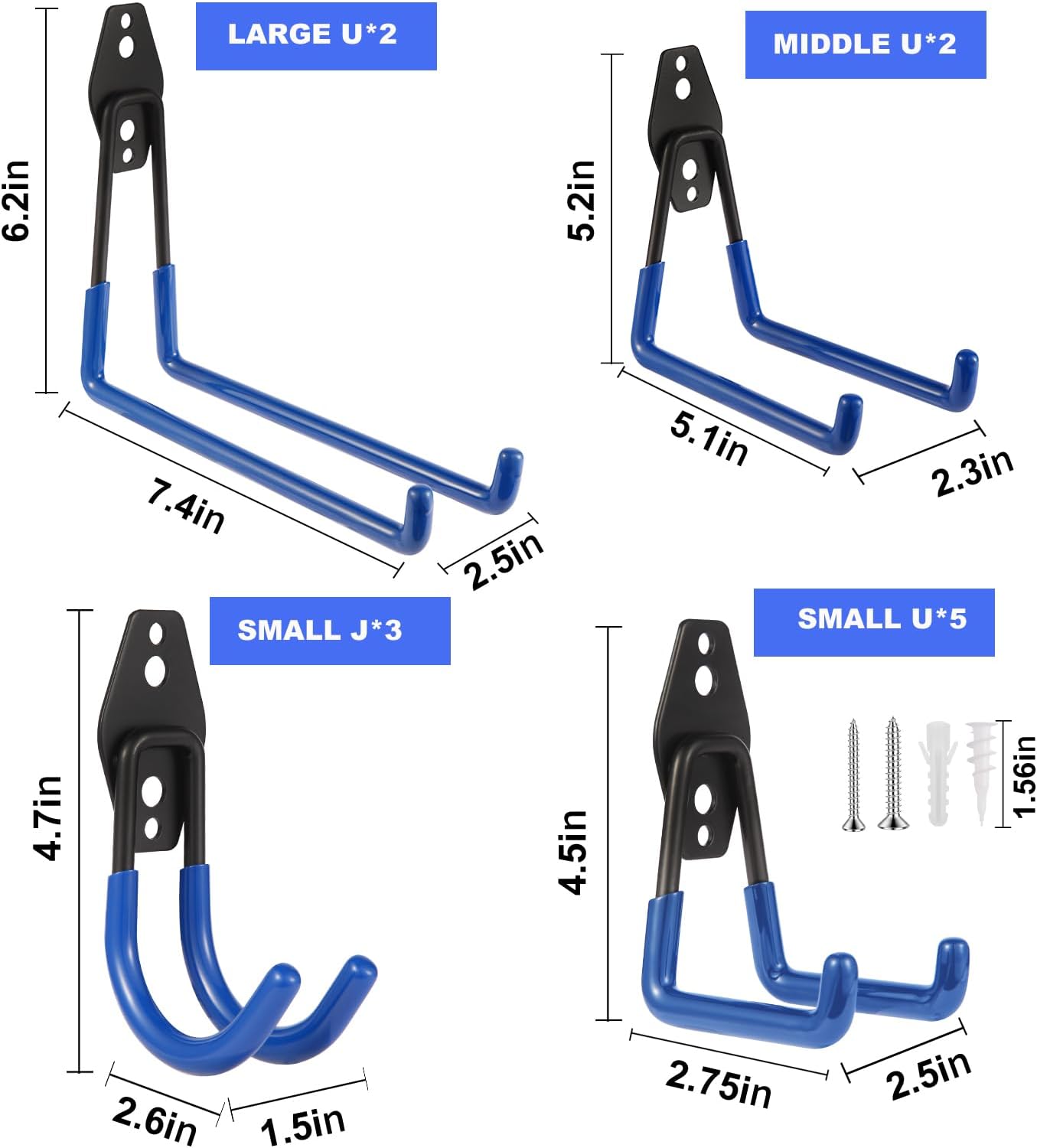Steel Garage Hooks Wall Tool Organizer, 12 Pack Garage Storage Hook Heavy Duty Utility Storage Hangers Blue for Ladders, Ropes, Garden Tools