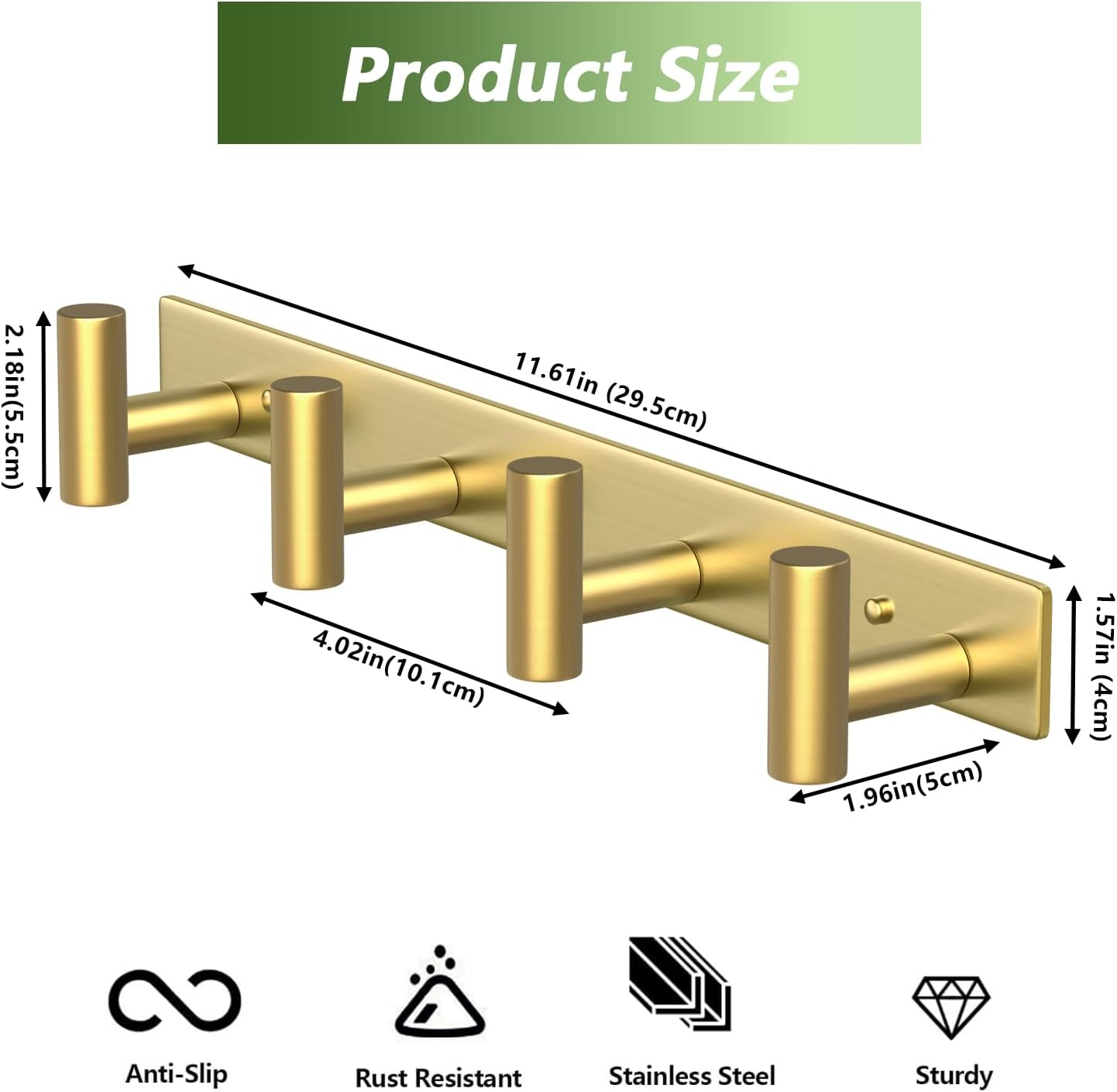 Wall Mounted Coat Rack-4 Hooks, Heavy Duty Stainless Steel Hook Rail for Towel Coat Hat Purse Bag Jacket, Towel Hooks for Entryway Bathroom Kitchen (Gold 4 Hooks - 1 Pack)