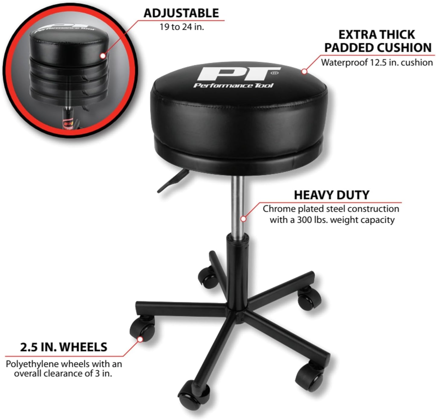 Performance Tool W85033 Extra-Thick Big Top Pneumatic Rolling Shop Stool for Mechanic Garages and Workshops, Black, 19x19x18.5-Inches