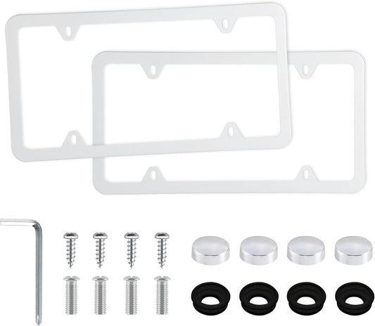 LivTee 4 Holes Stainless Steel License Plate Frames, 2 PCS Car Licence Plate Covers, Automotive Exterior Accessories Slim Design with Bolts Washer Caps for US Vehicles, White