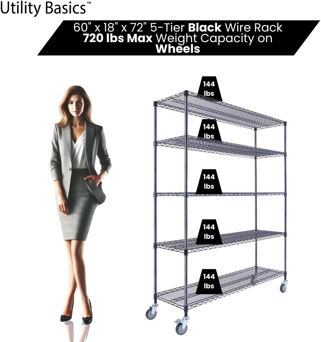 60"x18"x72" Black 5-Tier Premium Wire Shelving NSF 4000 LBS MAX Capacity Heavy Duty Steel Storage Rack for Warehouses, Garages, Hospitals, Commercial Spaces, & Schools w/Premium Wheels